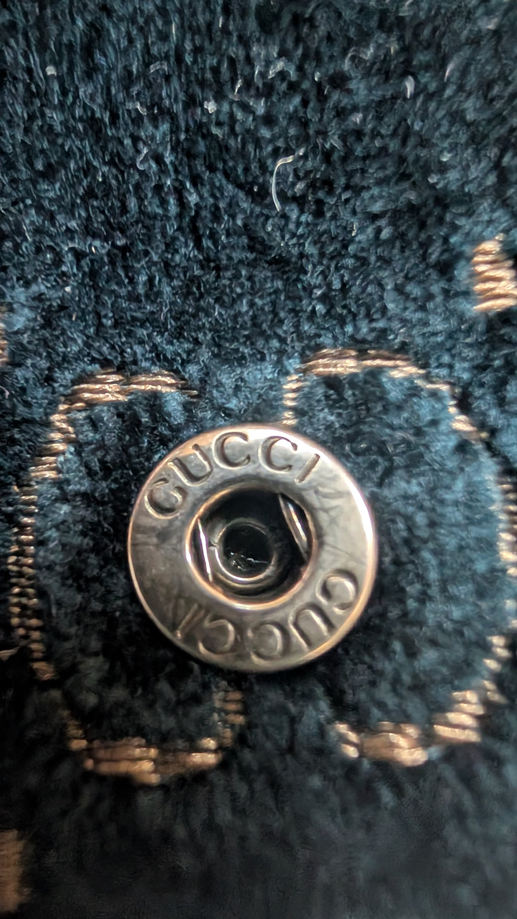 close up of hardware fornPre-owned Gucci Dionysus Green Velvet & Black Leather