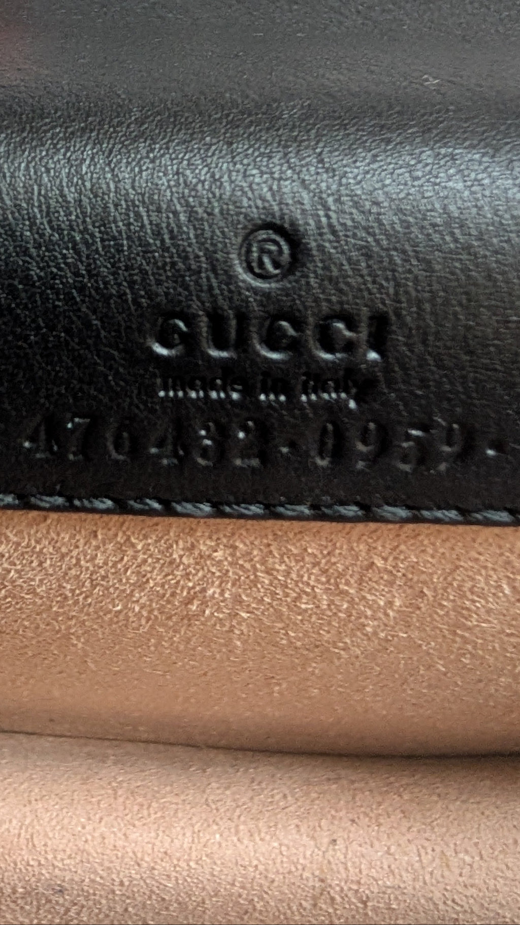 close up of serial number for Pre-owned Gucci Dionysus Green Velvet & Black Leather