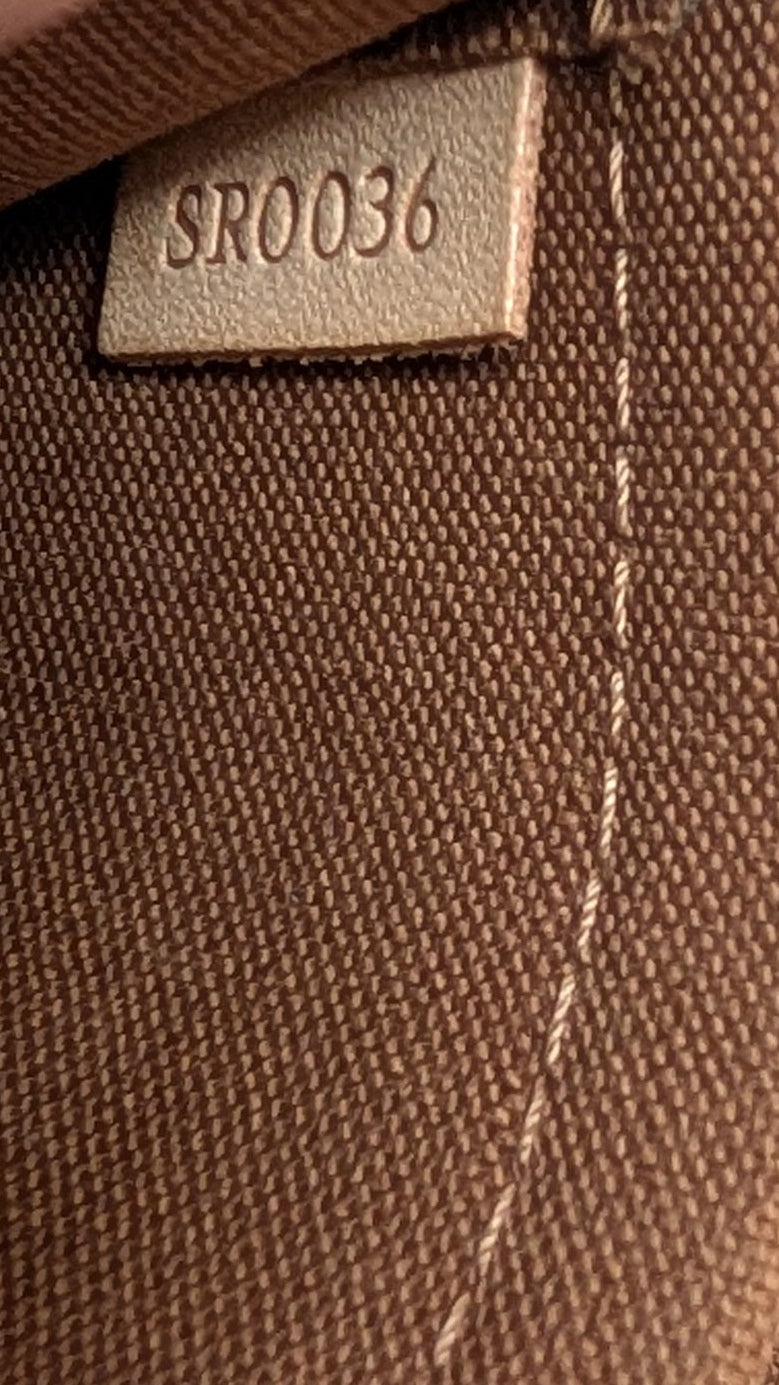 showing serial number for Pre-owned Louis Vuitton Tikal Shoulder Bag PM Brown Canvas Leather Monogram