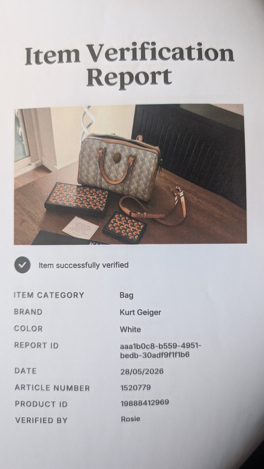 certificate of authenticity Kurt Geiger Camden Boston Bowling Bag