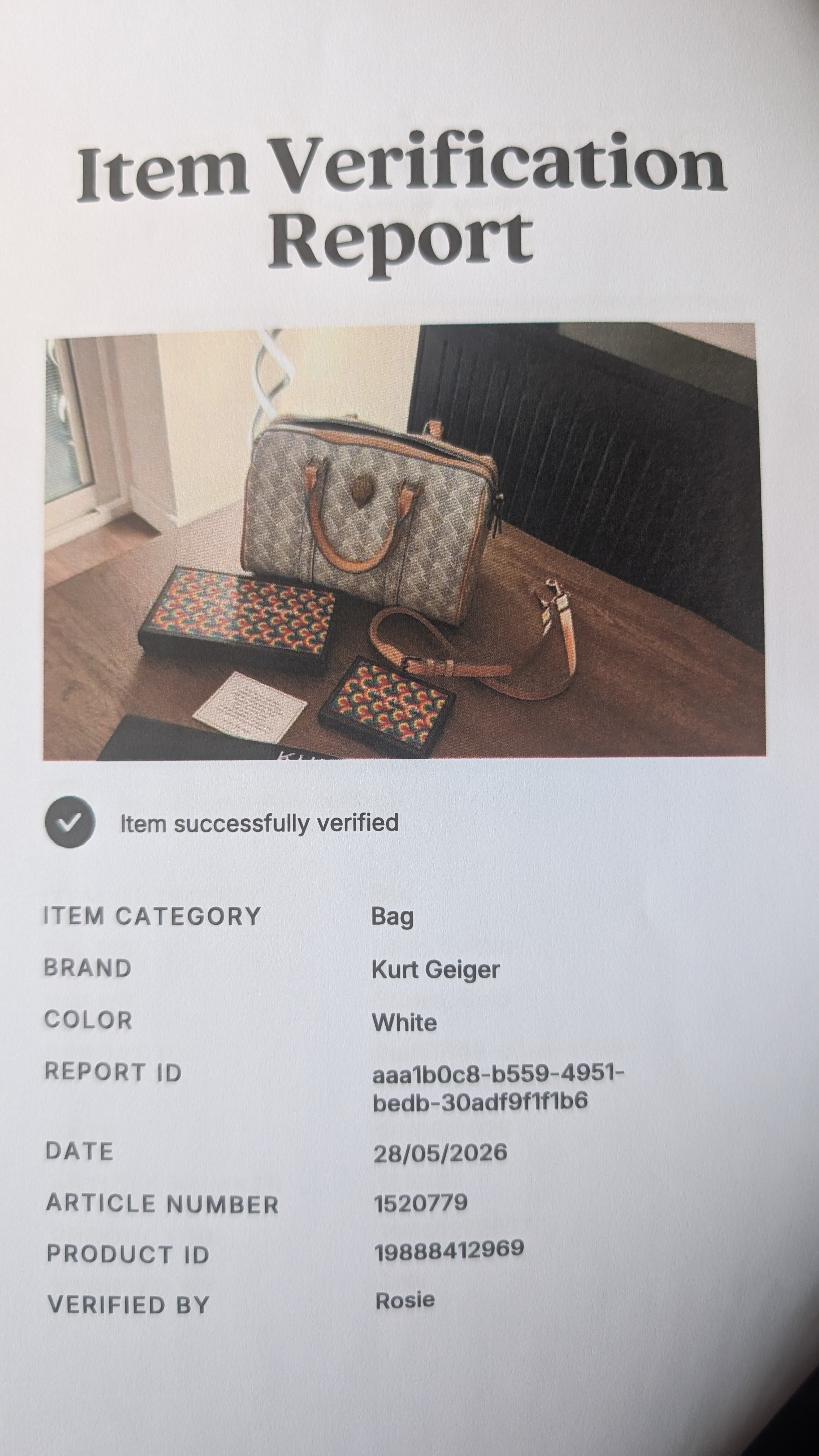 certificate of authenticity Kurt Geiger Camden Boston Bowling Bag