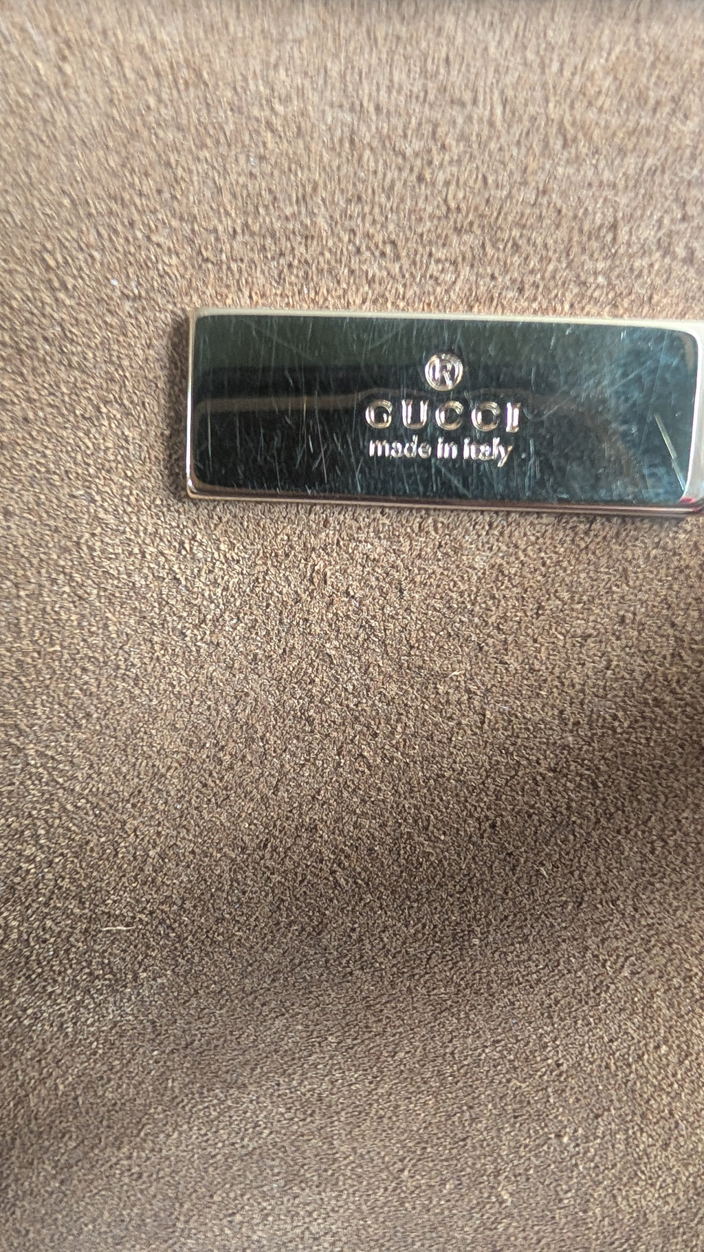 gucci gold hardware for Pre-Owned Gucci Mustard Brown Suede Boston Bag 