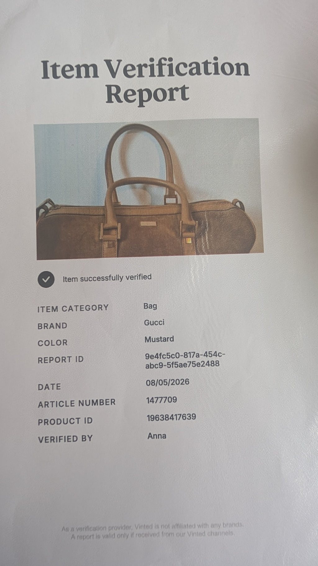 certificate of authenticity for Pre-Owned Gucci Mustard Brown Suede Boston Bag 