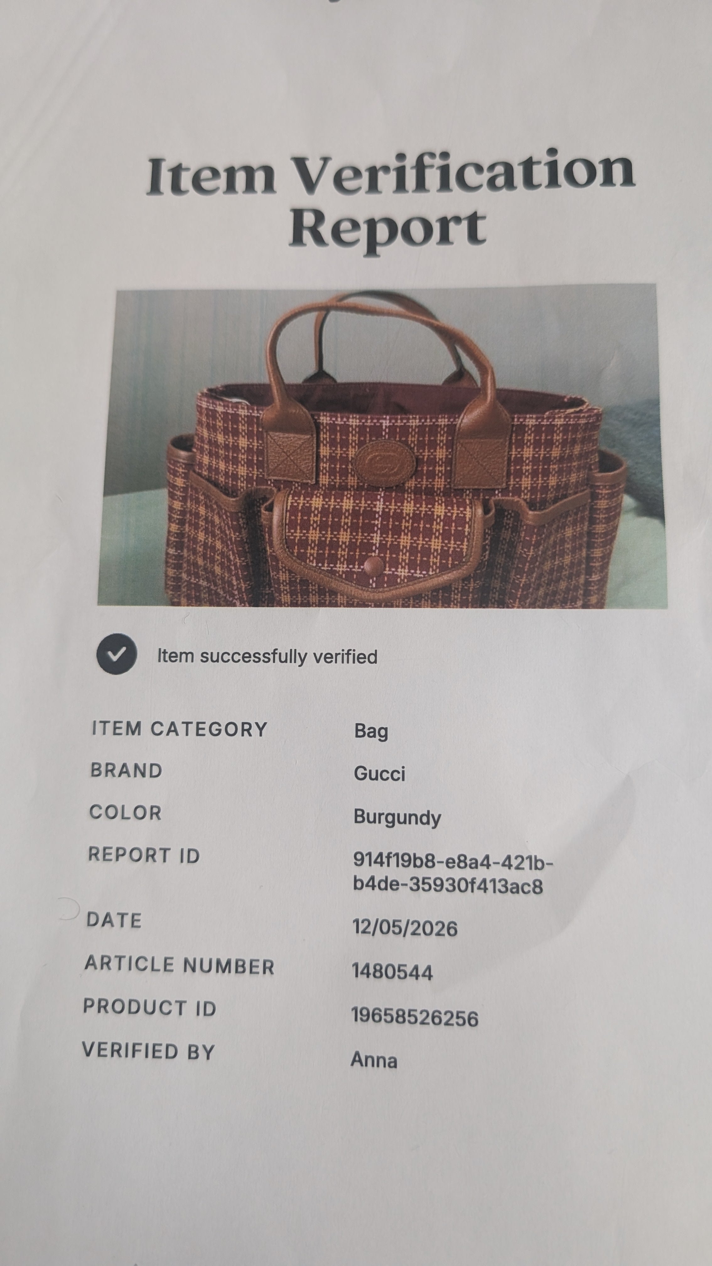 certificate of authenticity forPre-Owned Gucci Interlocking GG Plaid Brown Multi Canvas Leather Tote