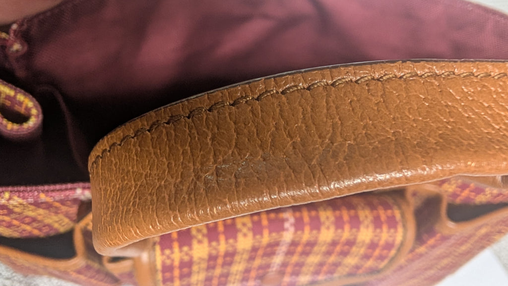 showing handle condition Pre-Owned Gucci Interlocking GG Plaid Brown Multi Canvas Leather Tote