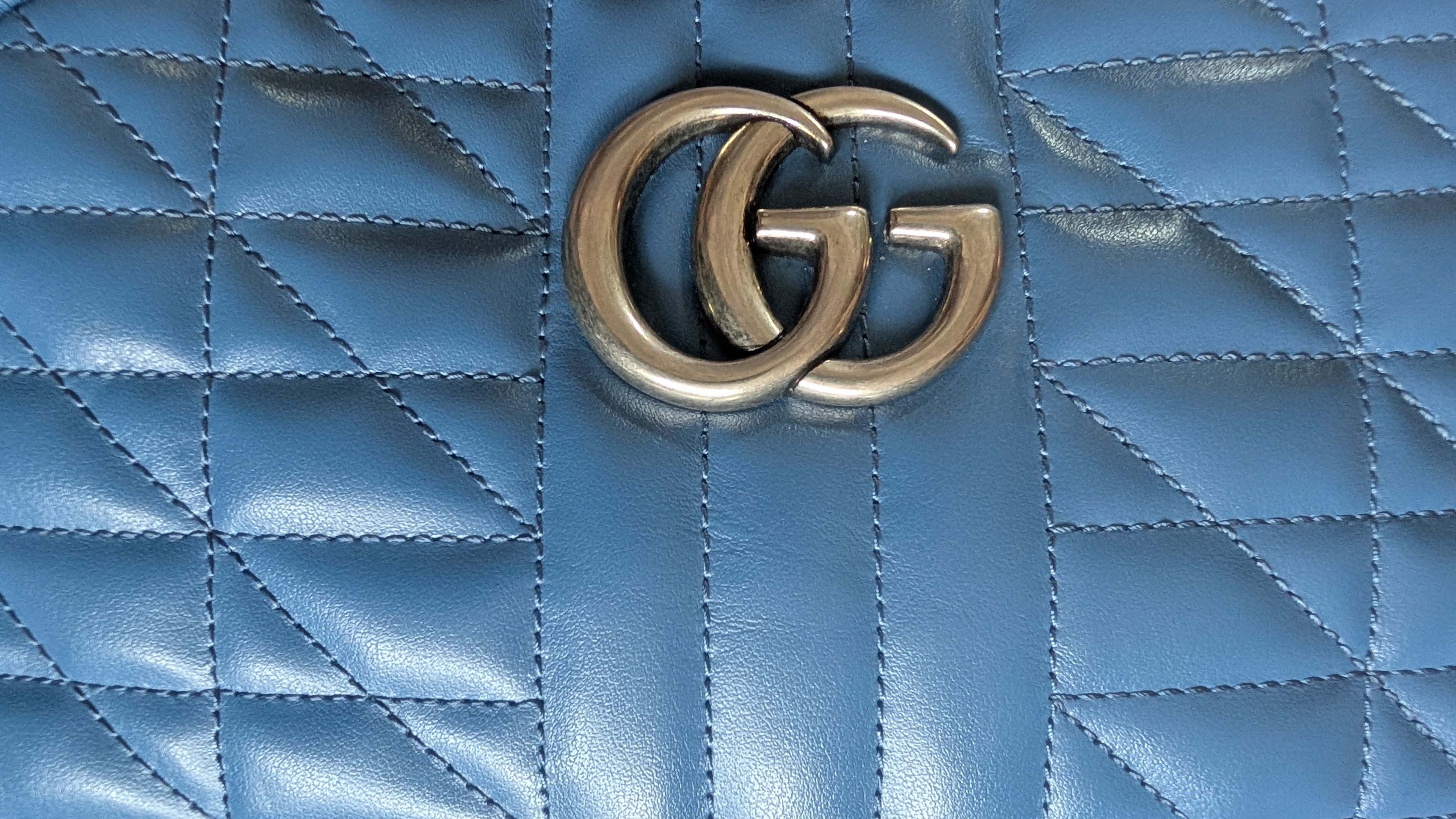 close up front view Pre-Owned Gucci GG Marmont Blue Leather Camera Bag