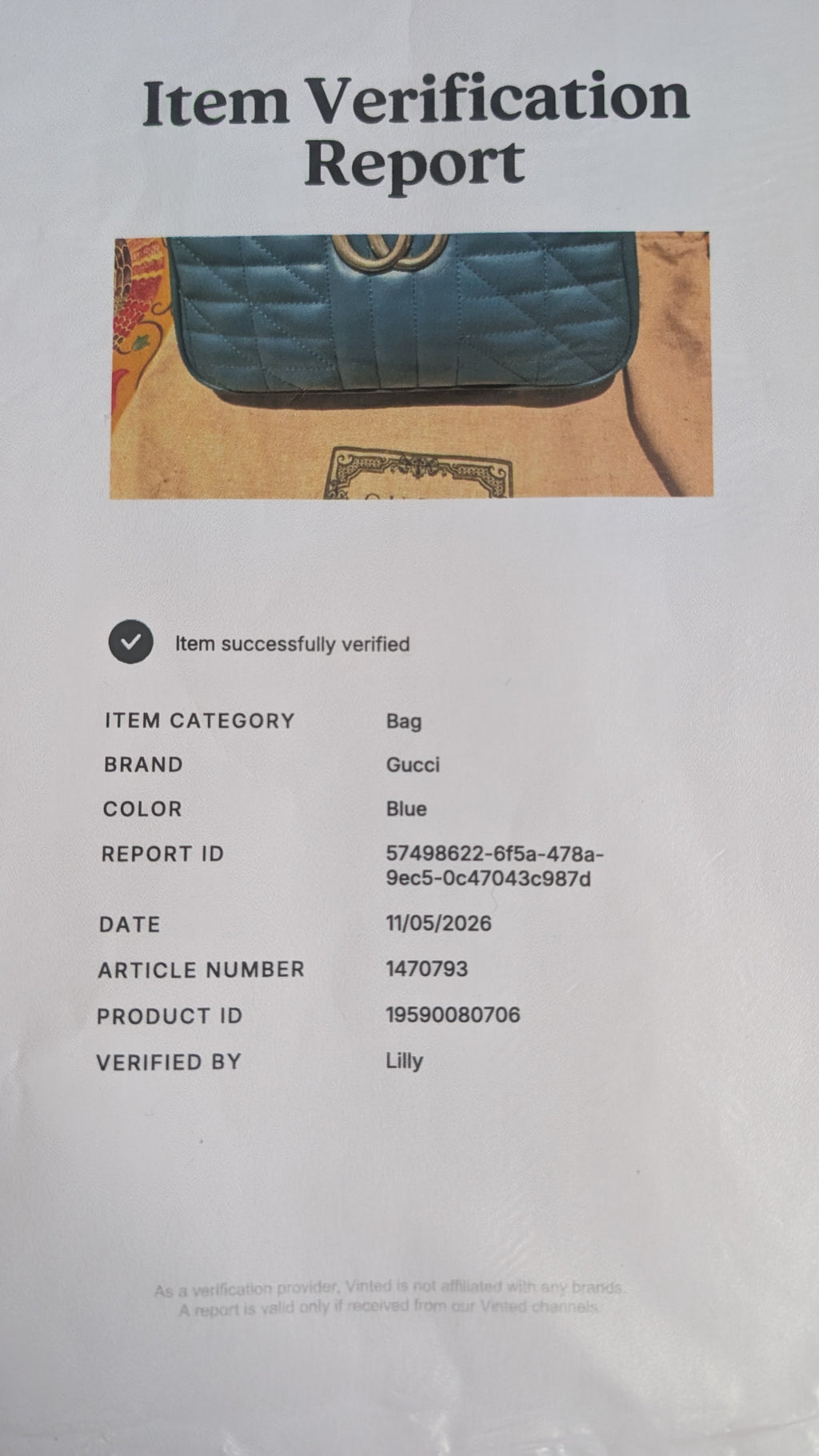 Certificate of authenticity for Pre-Owned Gucci GG Marmont Blue Leather Camera Bag