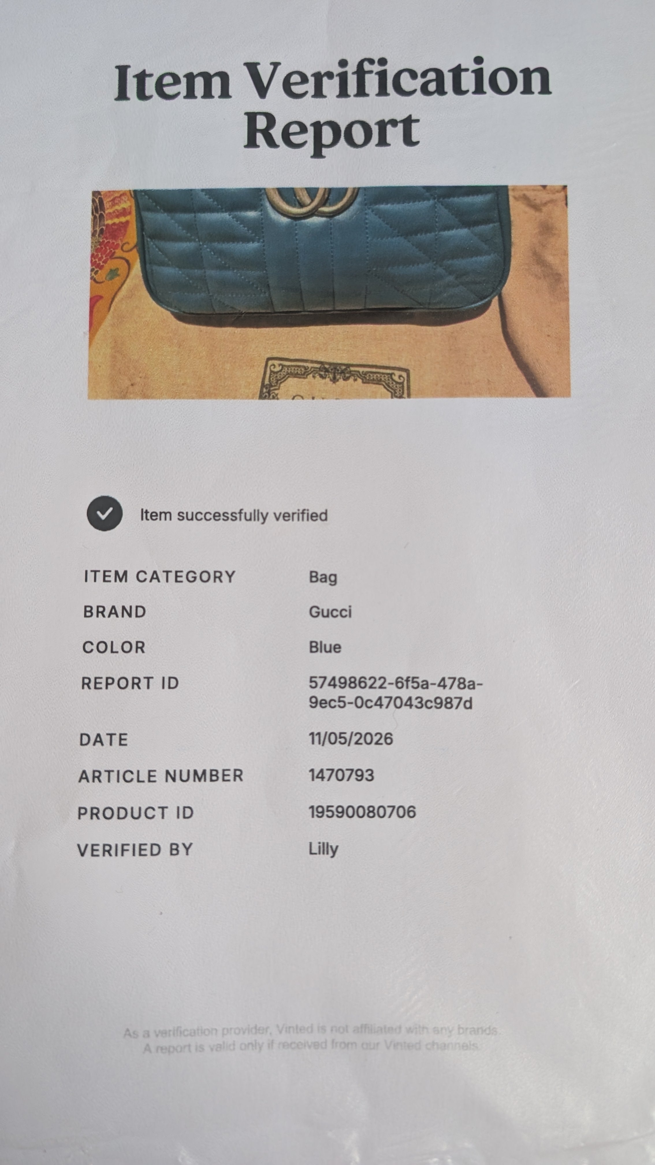Certificate of authenticity for Pre-Owned Gucci GG Marmont Blue Leather Camera Bag