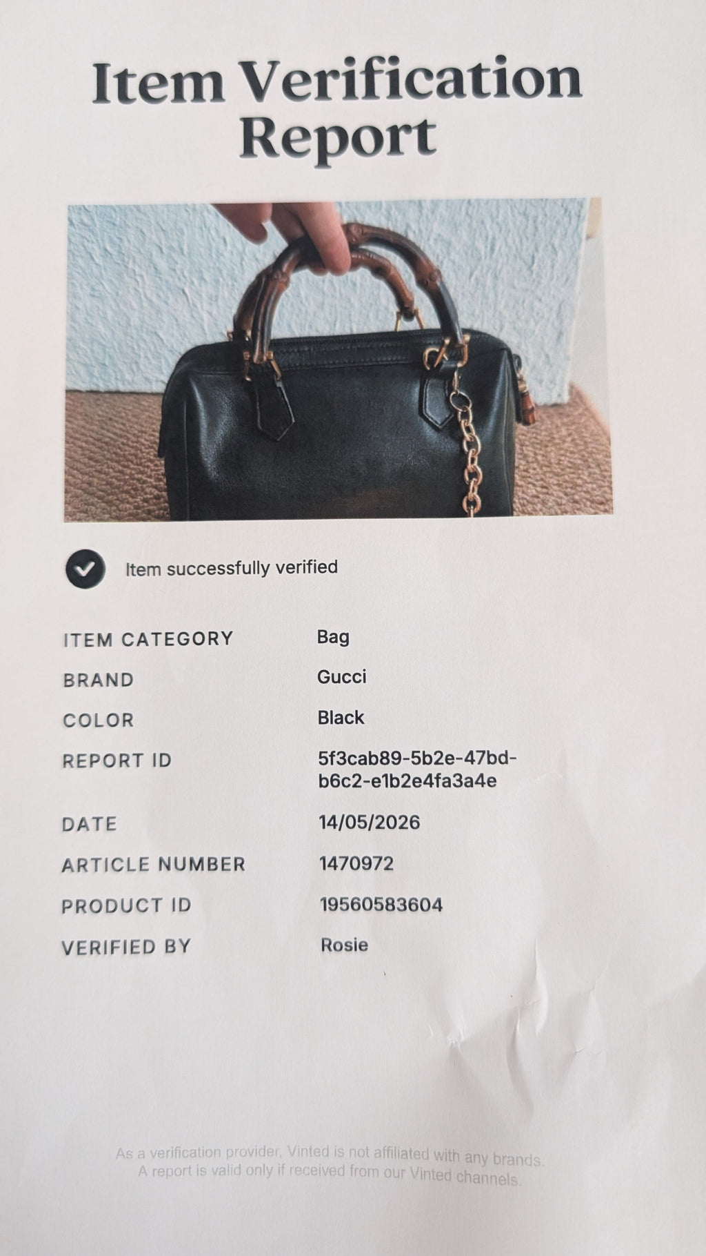 certificate of authenticity for GUCCI Bamboo Mini Black Leather Bamboo Shoulder Bag 