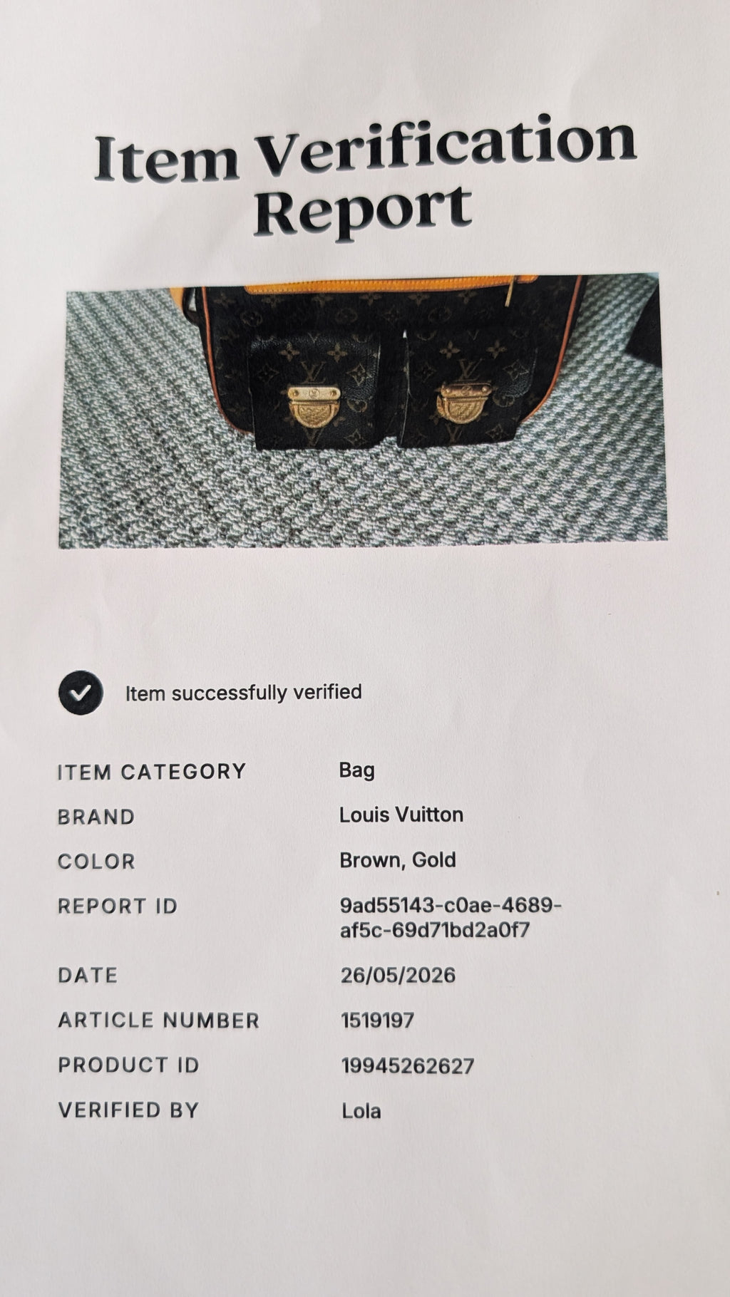 certificate of authenticity for Pre-Owned Louis Vuitton Hudson GM Monogram