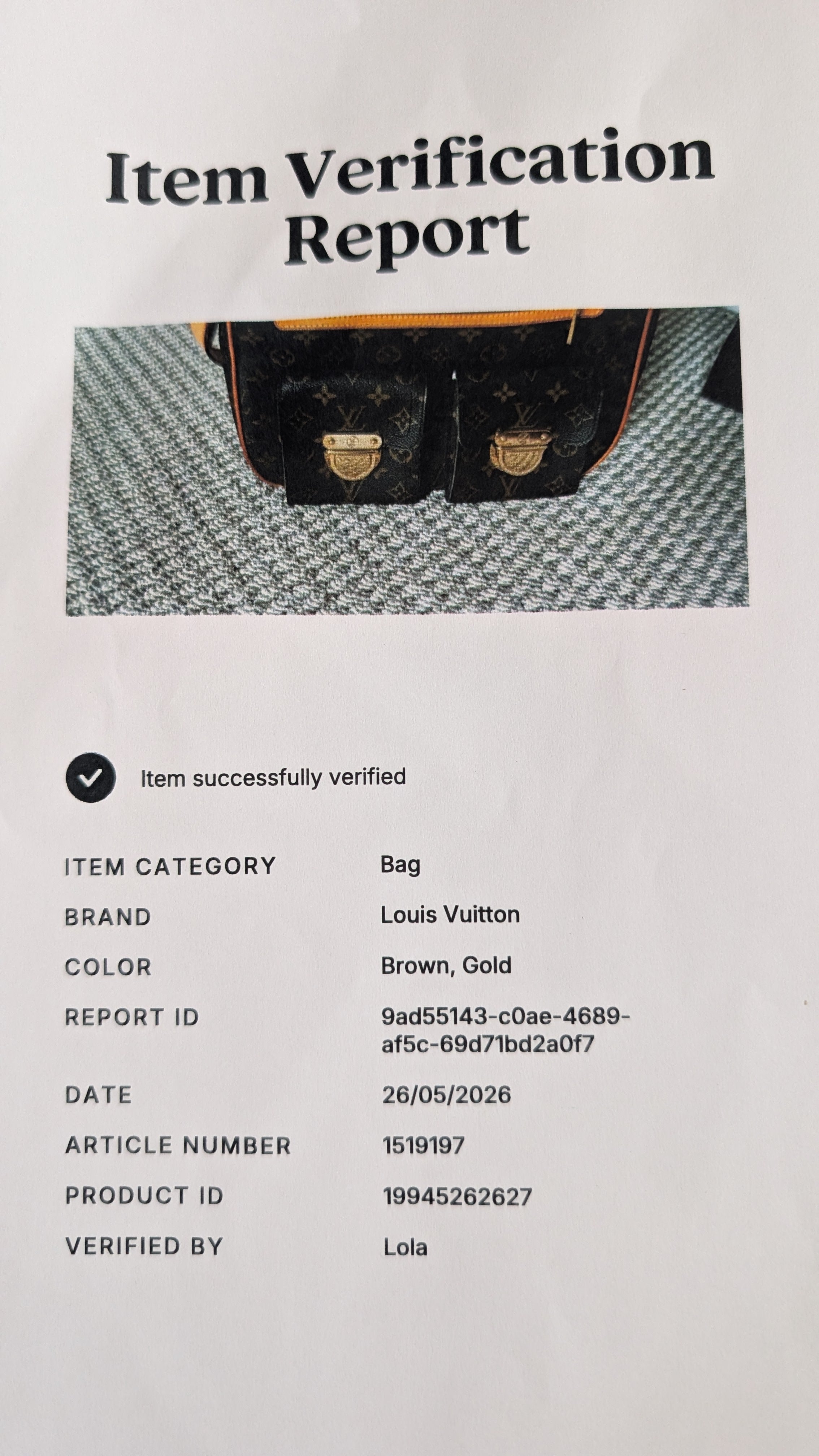certificate of authenticity for Pre-Owned Louis Vuitton Hudson GM Monogram