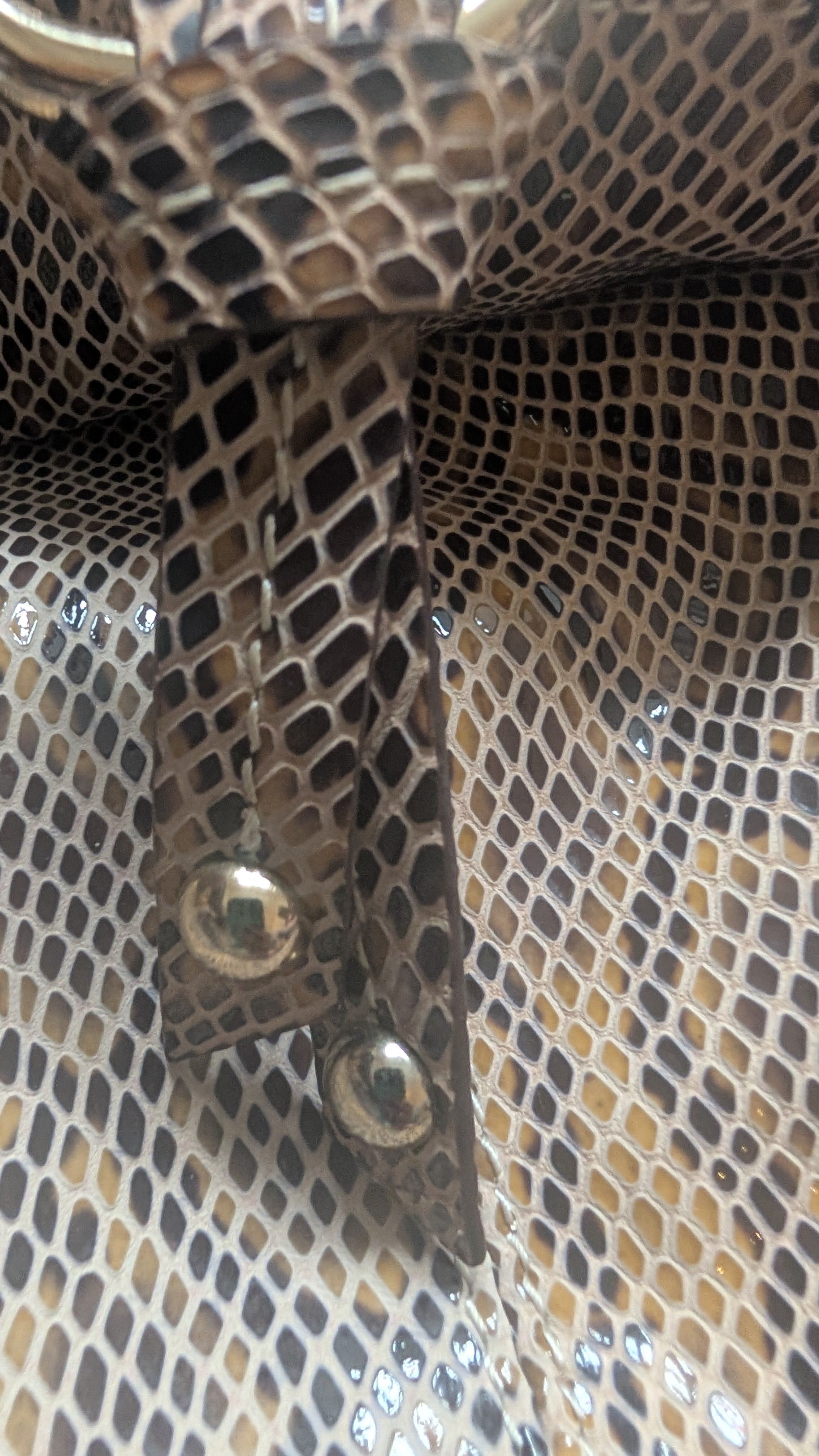 close up of leather tab Pre-Owned Gucci Python & Leather Croisette Bamboo Clutch Bag