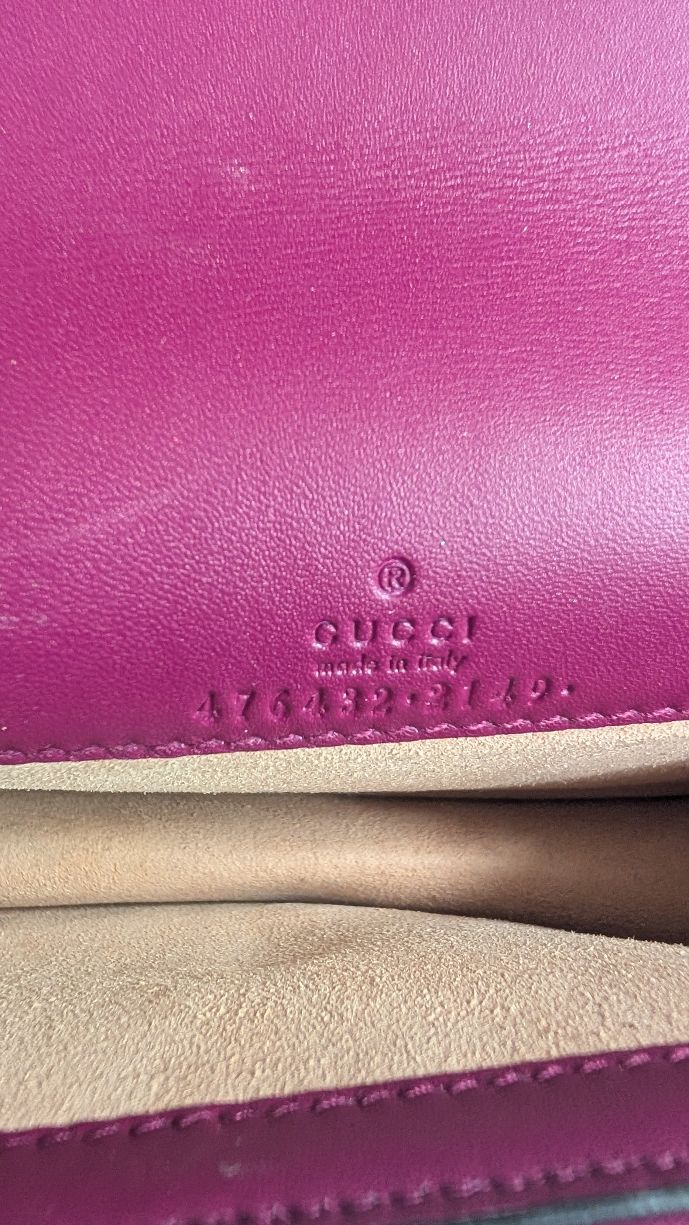 serial number for Pre-Owned Gucci Dionysus Mini Purple Velvet Leather Crossbody Shoulder Bag