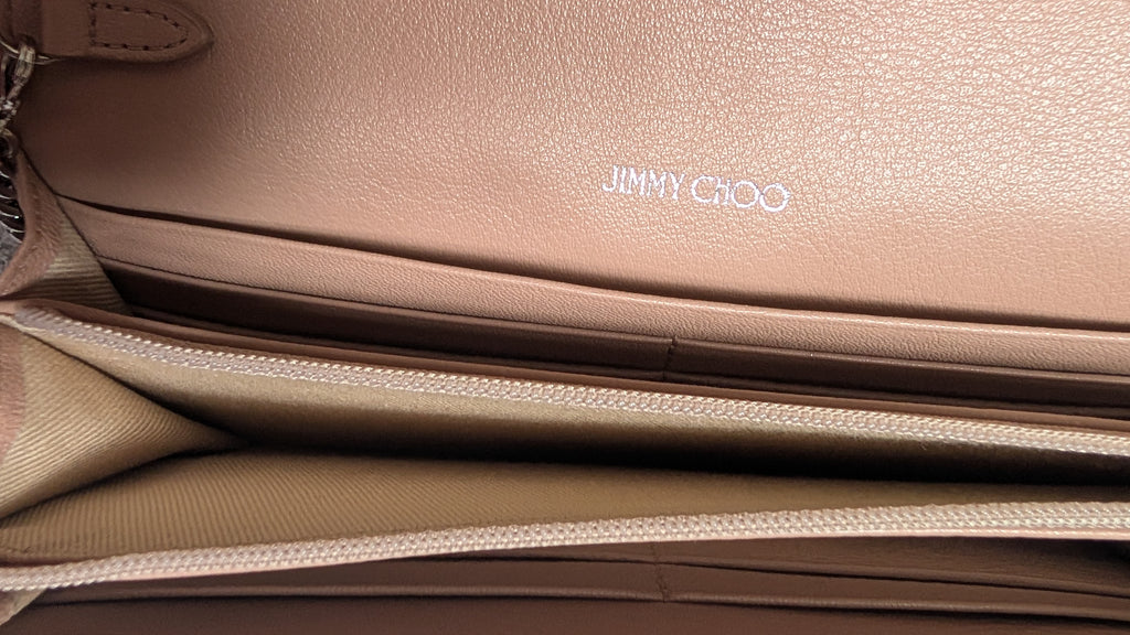inside condition of Pre-Owned Jimmy Choo Cheri Continental Encrusted Powder Pink Wallet On Chain
