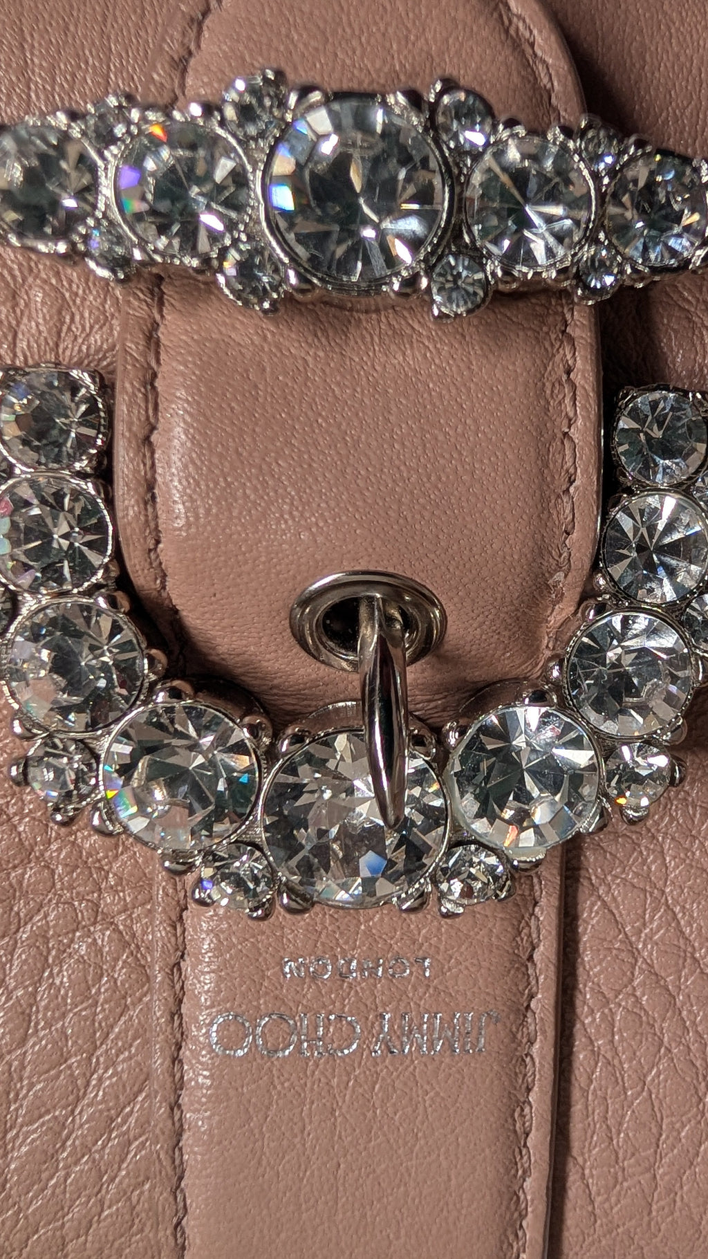 showing stones on Pre-Owned Jimmy Choo Cheri Continental Encrusted Powder Pink Wallet On Chain