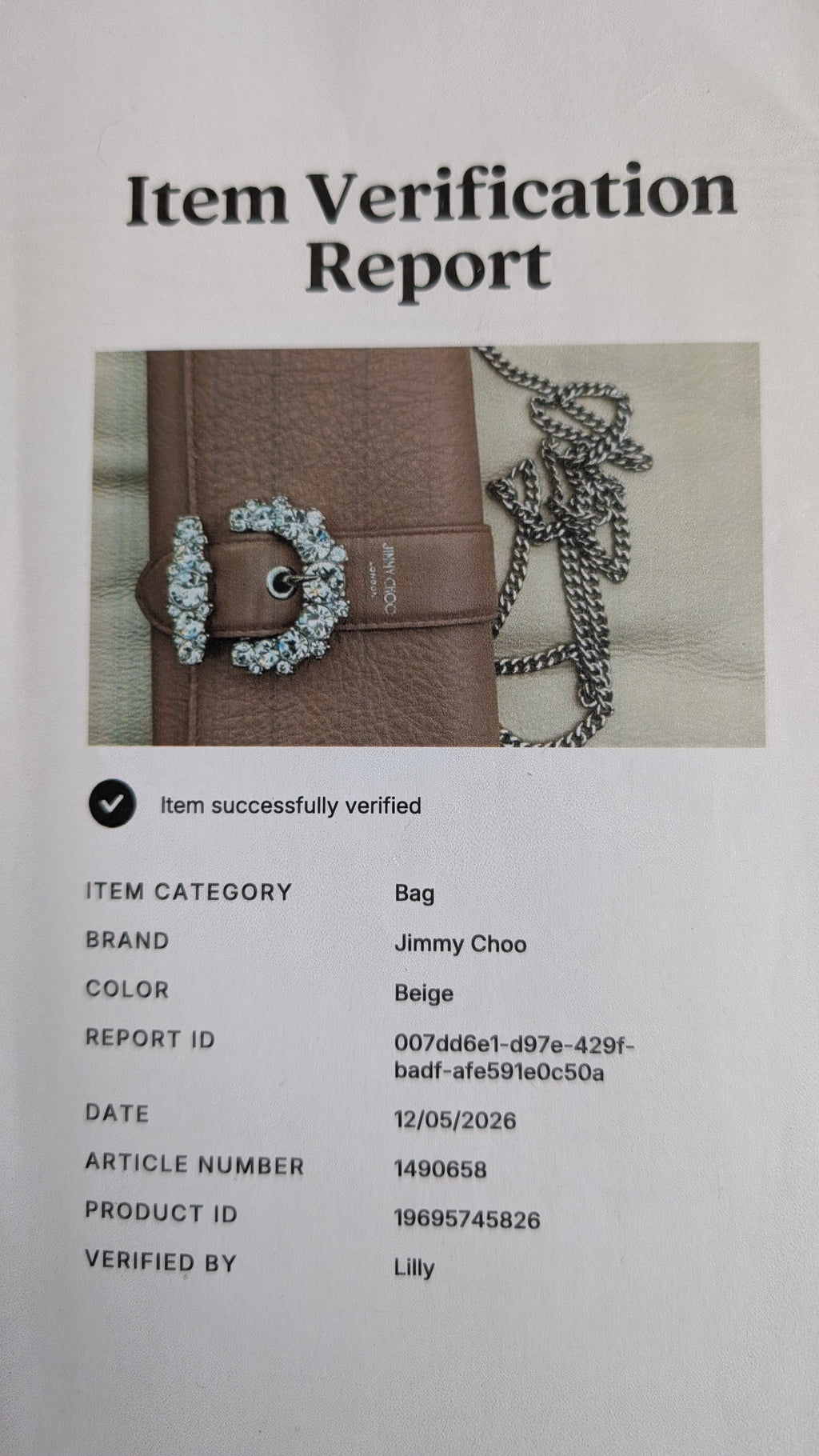 certificate of authenticity for Pre-Owned Jimmy Choo Cheri Continental Encrusted Powder Pink Wallet On Chain