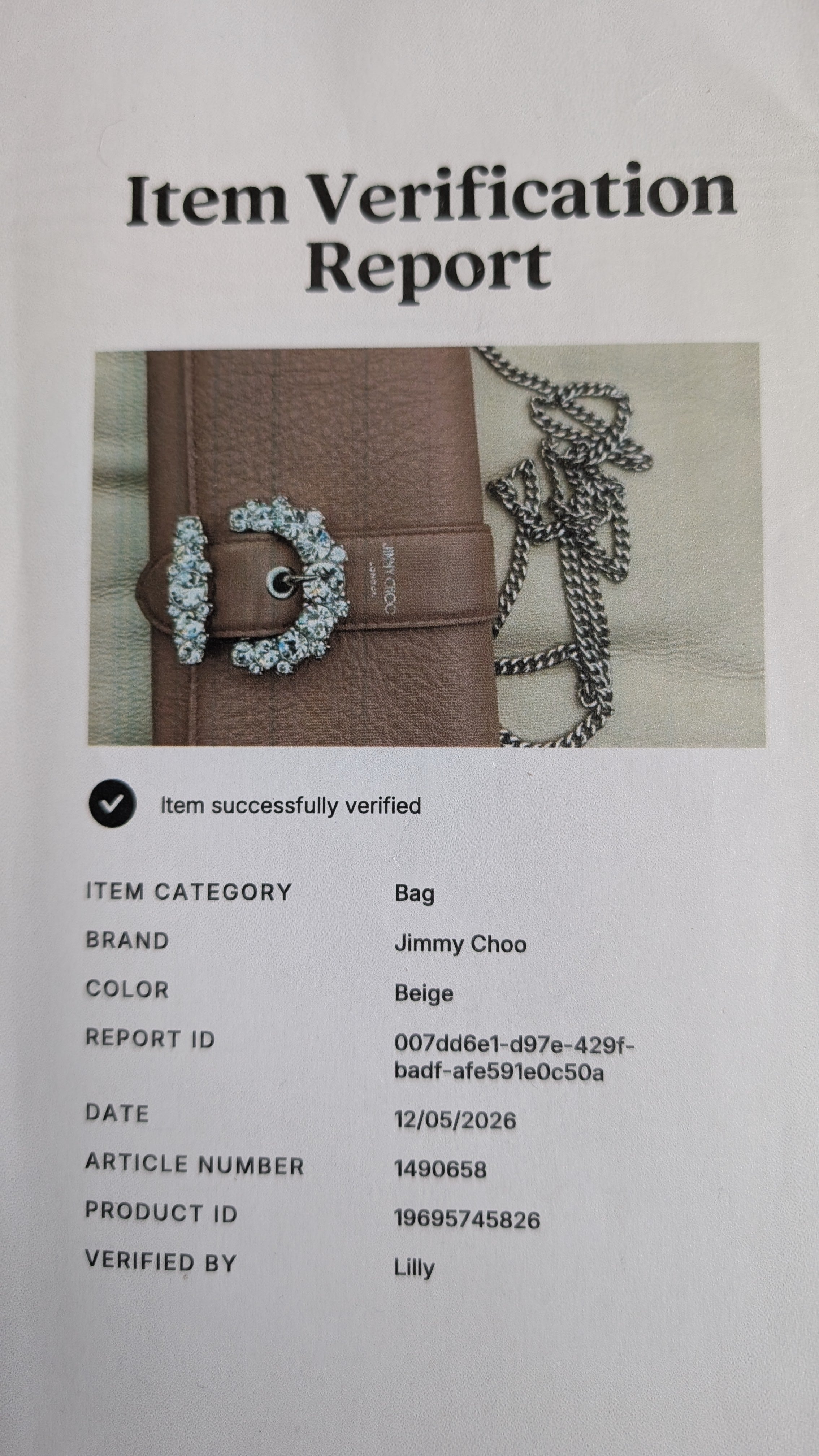 certificate of authenticity for Pre-Owned Jimmy Choo Cheri Continental Encrusted Powder Pink Wallet On Chain