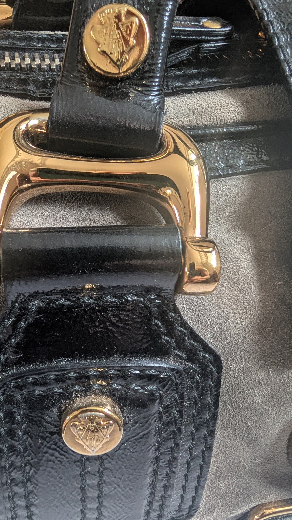 hardware close up 1 Pre-Owned Gucci Grey Suede Aviatrix Boston Bag