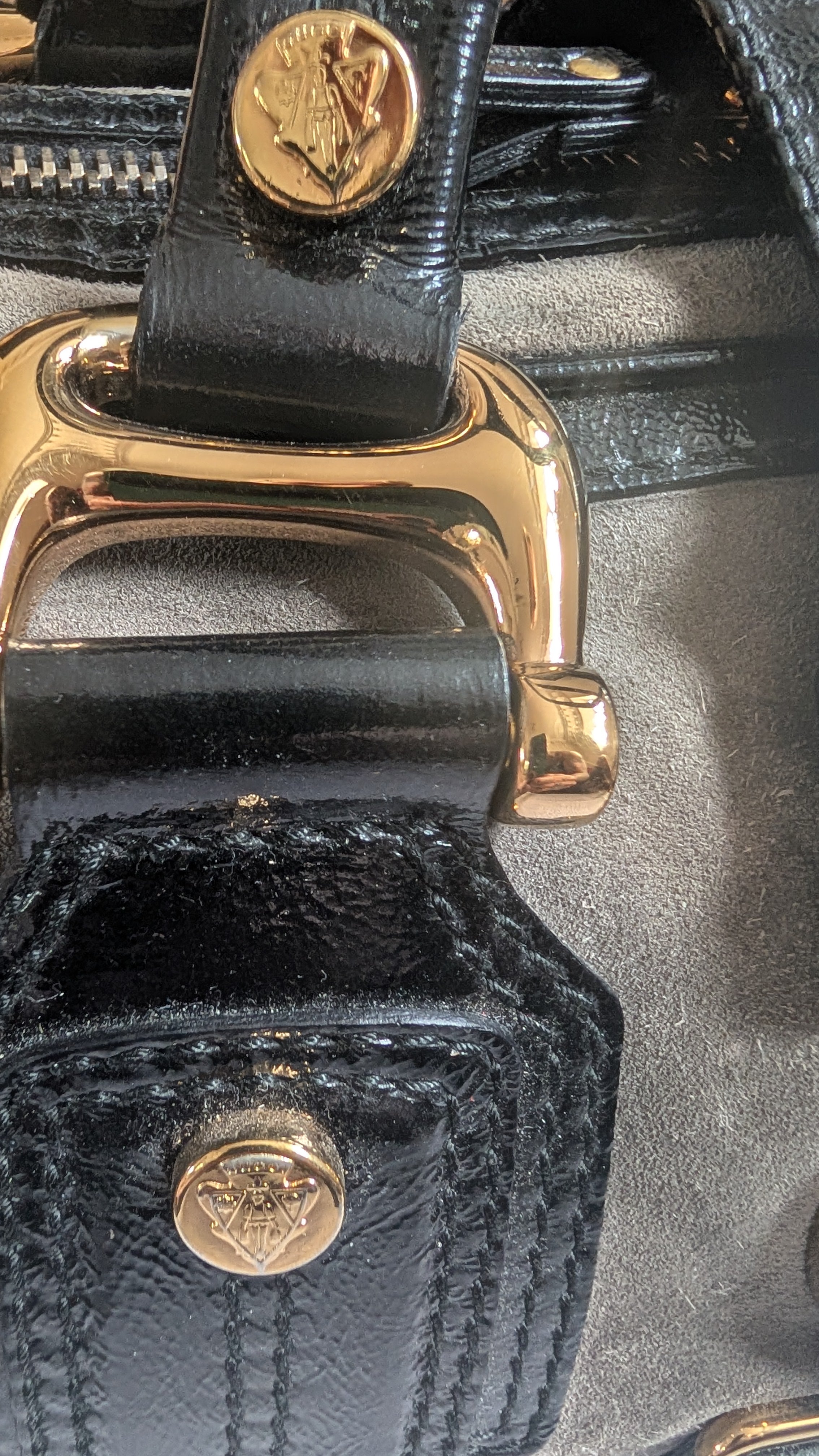 hardware close up 1 Pre-Owned Gucci Grey Suede Aviatrix Boston Bag