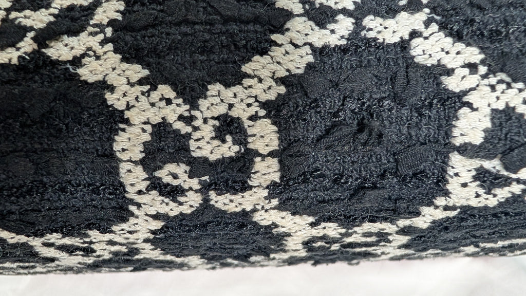 A close-up of a textured black and off-white woven fabric with a repeating geometric pattern. 