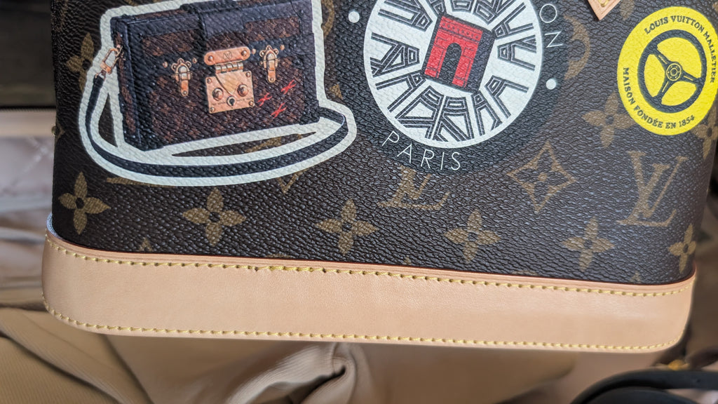 bottom Pre-Owned Louis Vuitton Alma BB Monogram World Tour / Travel Sticker Shoulder Bag