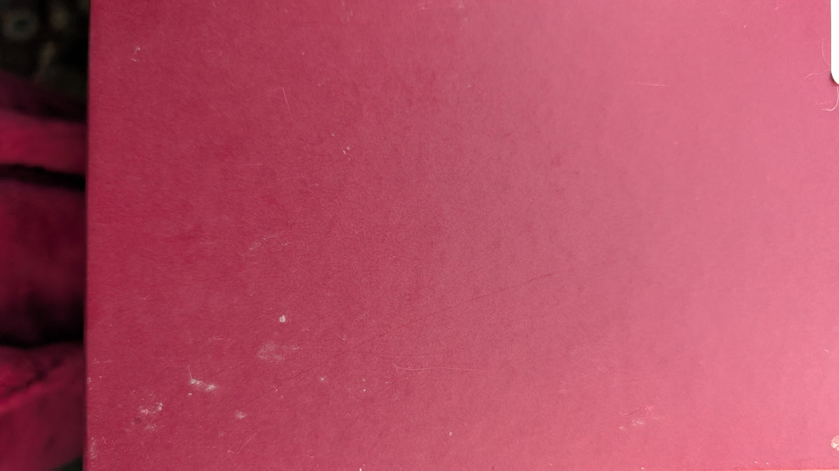 A close-up of a dusty RED textured surface, likely a book cover or notebook page, with some minor scuffs visible on the left edge. Pre-Owned Gucci GG Supreme Ophidia Panda Mini Chain Shoulder Bag