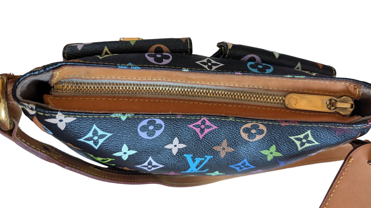 Close-up of a Louis Vuitton monogram shoulder bag with a colorful multicolor print on black coated canvas, featuring a gold zipper and tan leather trim. Pre-Owned Louis Vuitton Takashi Murakami Lodge PM Shoulder Bag