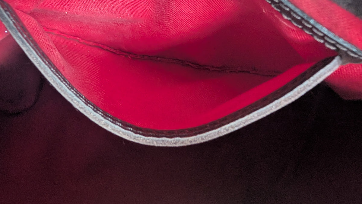 Close-up of the interior lining of a red bag or pouch, showing a bright red fabric interior with a stitched edge and a dark gray or black outer trim. Pre-Owned Louis Vuitton Speedy 25 in classic Damier Ebene coated canvas