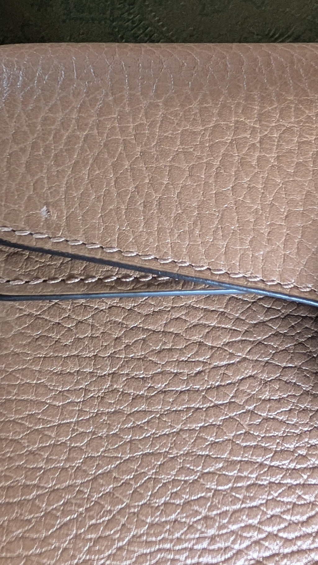 Close-up of a tan pebbled leather clutch or wallet with a silver ornate clasp, placed in front of a green embossed fabric surface. Pre-Owned Gucci Dionysus Super Mini Crystal Tiger Head Chain Bag – Beige Leather