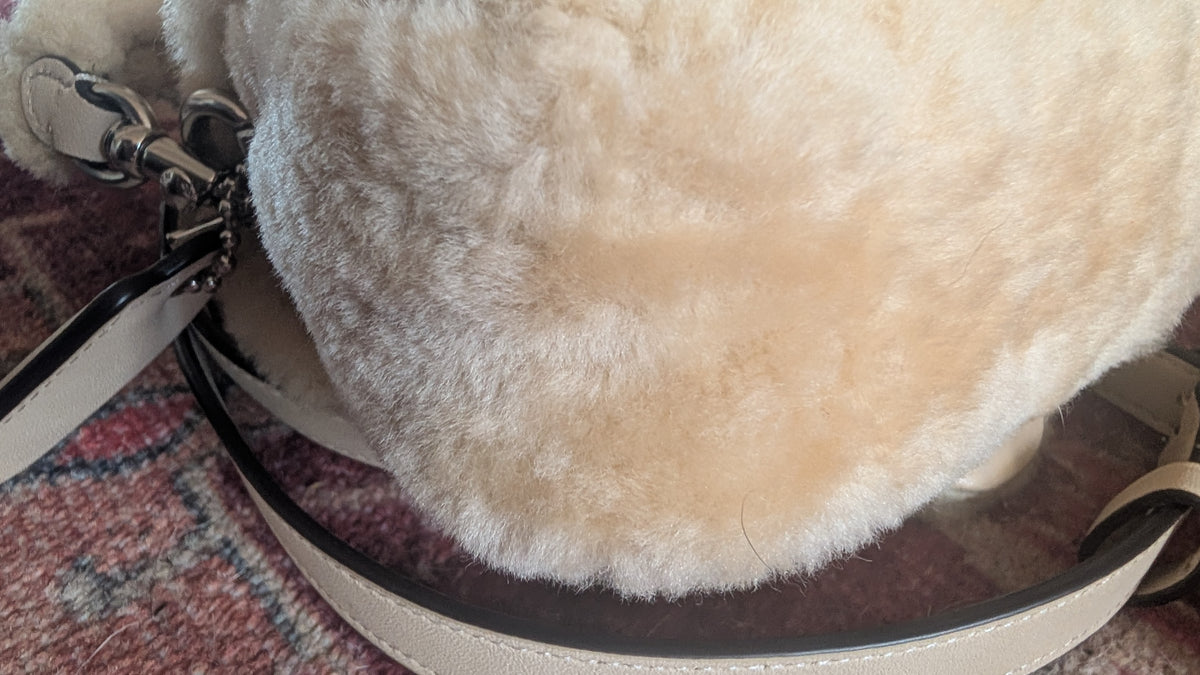 Close-up of a fluffy cream-colored sheepskin or faux-sheepskin bag with a light beige leather strap and silver-tone hardware, resting on a patterned rug. Pre-Owned Coach Tabby 18 Shearling Shoulder / Crossbody Bag – Cream