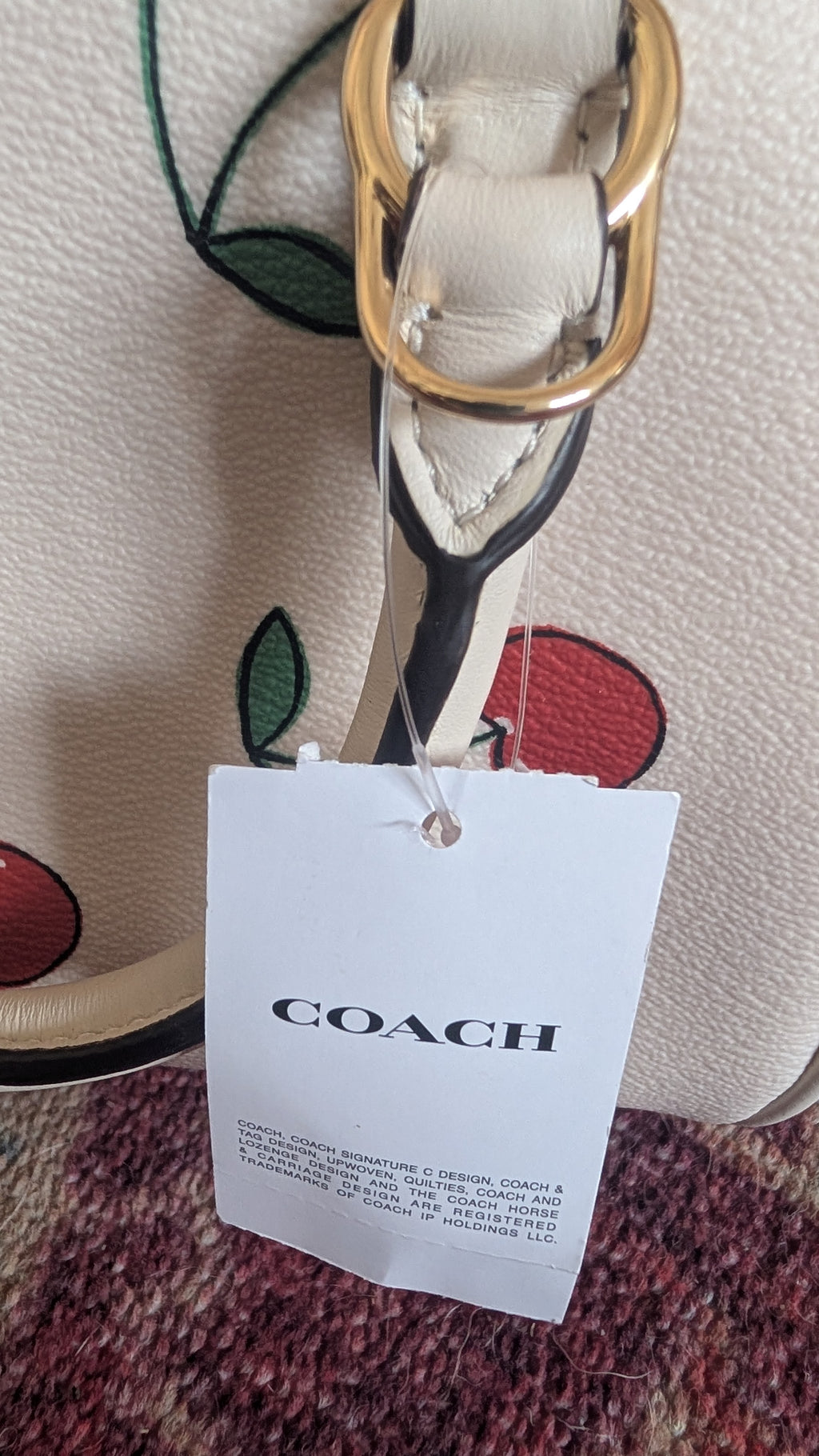 Close-up of a Coach handbag strap with a white leather strap, gold-tone metal ring, and a white COACH hangtag attached, set against a cream background with red and green embroidered details. Pre-Owned Coach Sydney Satchel With Heart Cherry Print – CF421