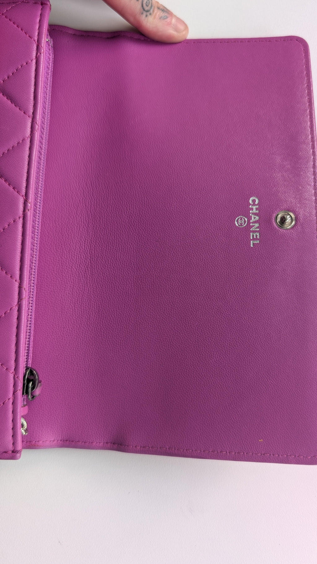 Pre-Owned Chanel Quilted Wallet on Chain WOC – Pink/Purple Lambskin – Silver Hardware showing internal logo