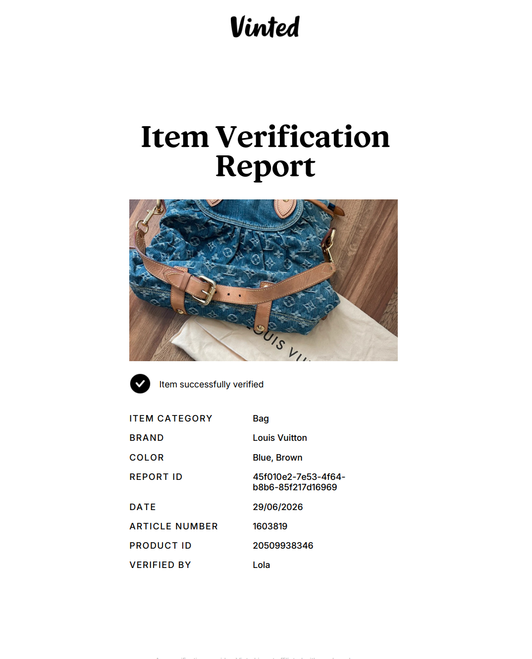 certificate of authenticity for louis vuitton denim cabby neo