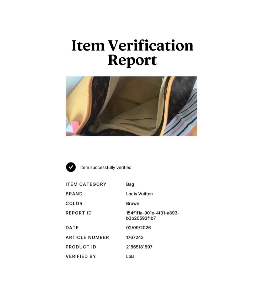 A document-style item verification report titled 'Item Verification Report' with a small inset photo of a Louis Vuitton bag shown open, plus a list of verified details including brand Louis Vuitton and color Brown on a white background. Pre-Owned Louis Vuitton Artsy MM Monogram Canvas Shoulder Bag 