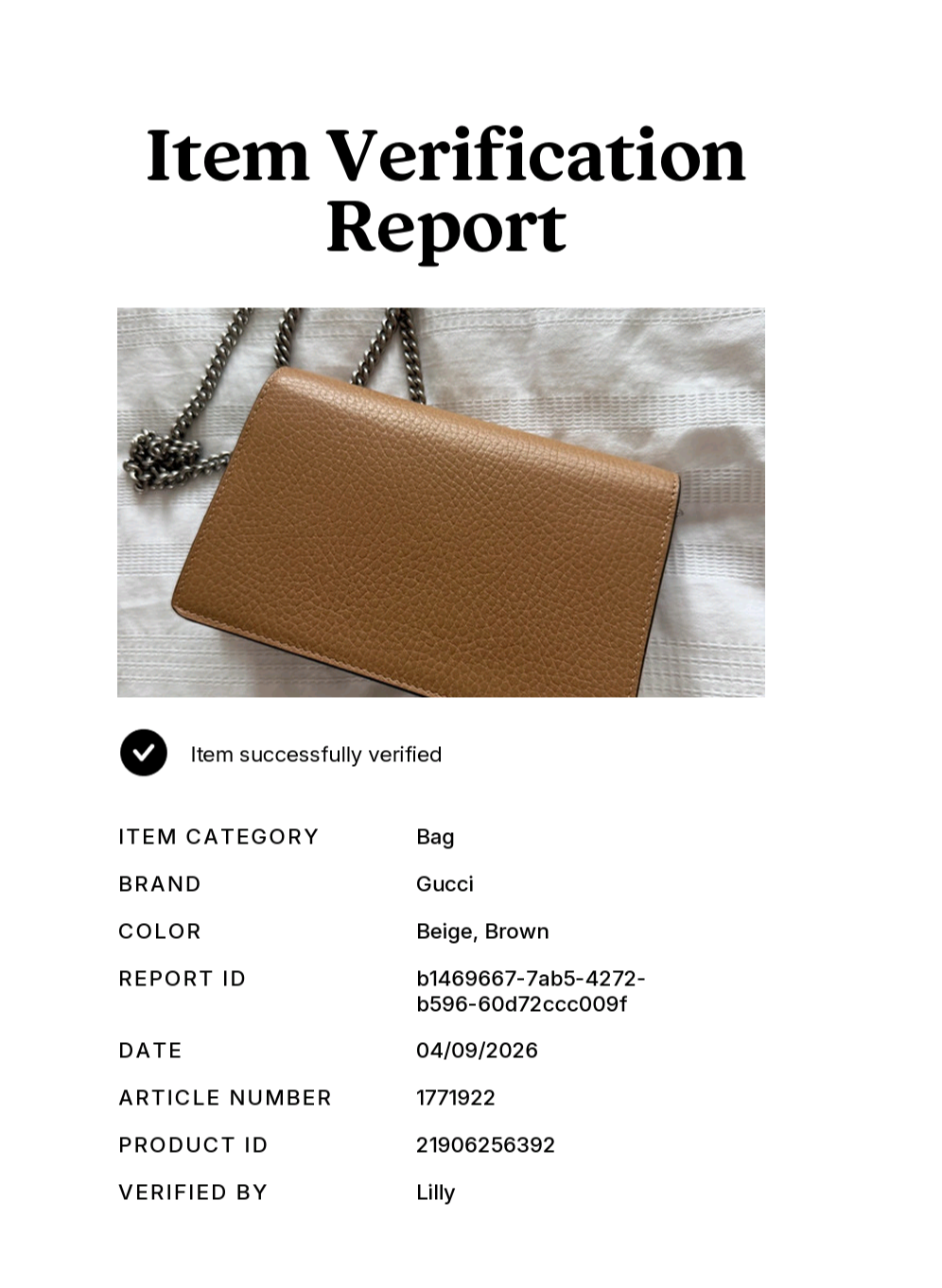 A product verification report document showing a tan pebbled leather handbag on a white textured fabric background. The document includes text fields for item category, brand, color, and verification details, with the brand listed as Gucci. Pre-Owned Gucci Dionysus Super Mini Crystal Tiger Head Chain Bag – Beige Leather