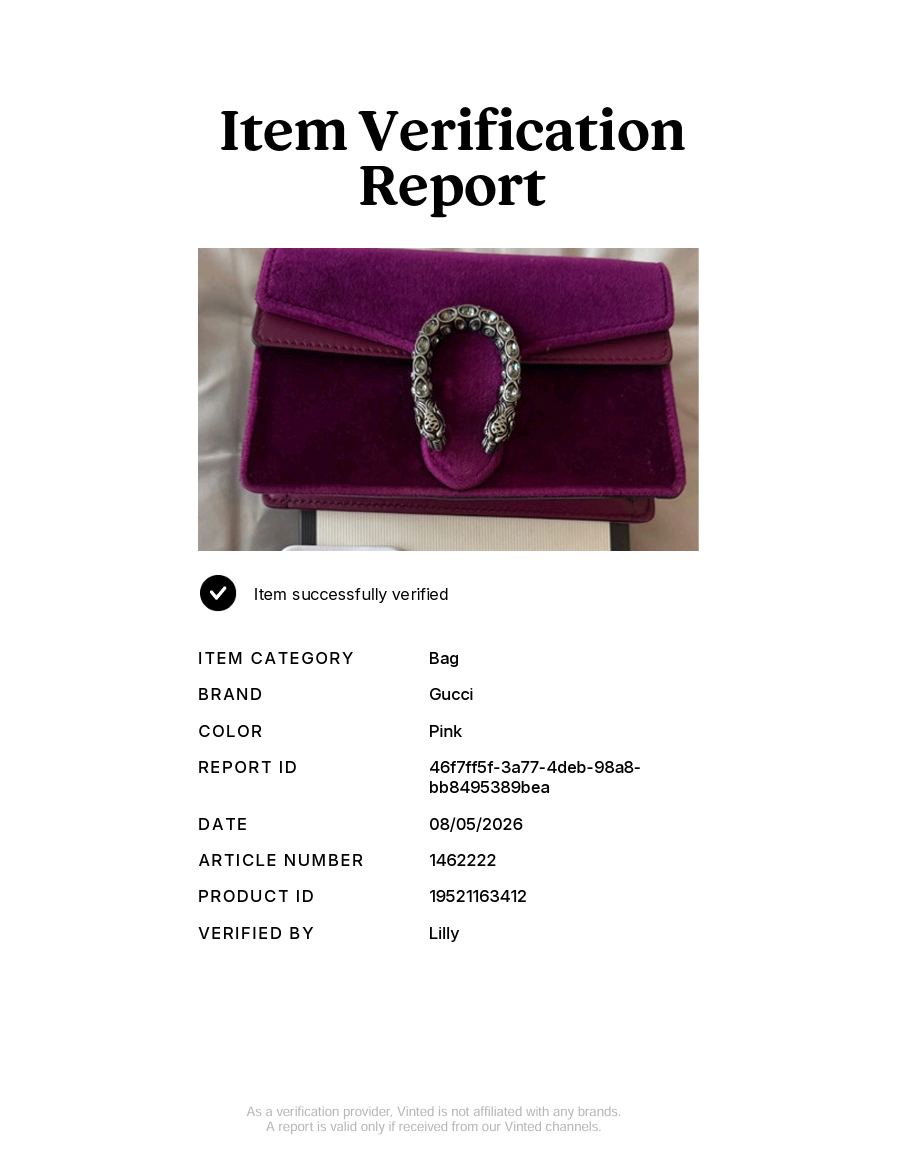 certificate of authenticy for Pre-Owned Gucci Dionysus Mini Purple Velvet Leather Crossbody Shoulder Bag
