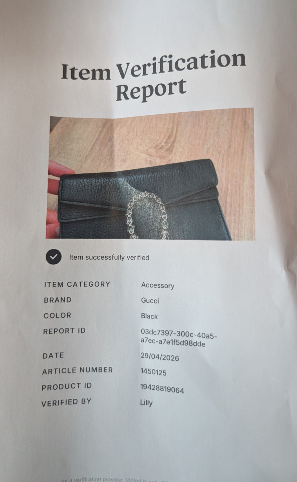certificate of authenticity for Pre-Owned Gucci Dionysus Black Pebbled Leather Mini Bag